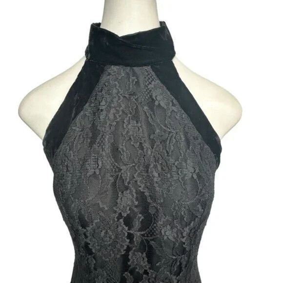 Vintage Moda Spiegel 4 Lace Gown 90s High Neck Black Velvet Y2K Formal Dress - Picture 6 of 12